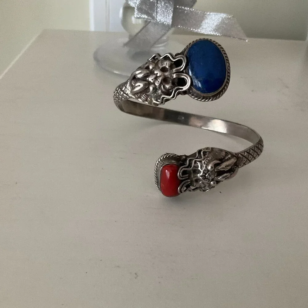 925 silver with lapis and coral stones, unique shape 69 grams